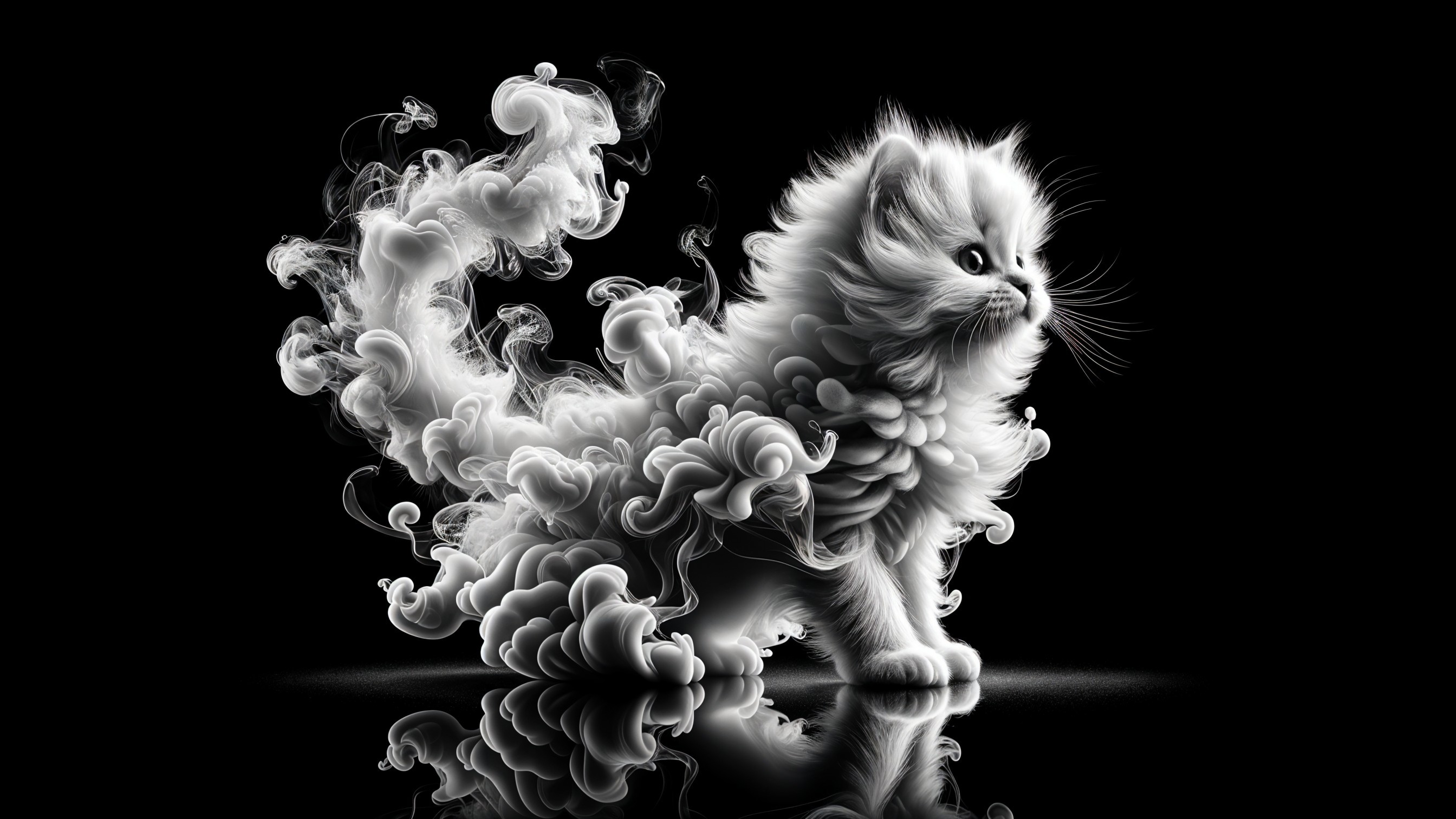 Fluffy White Kitten with Smoke Against Black Background