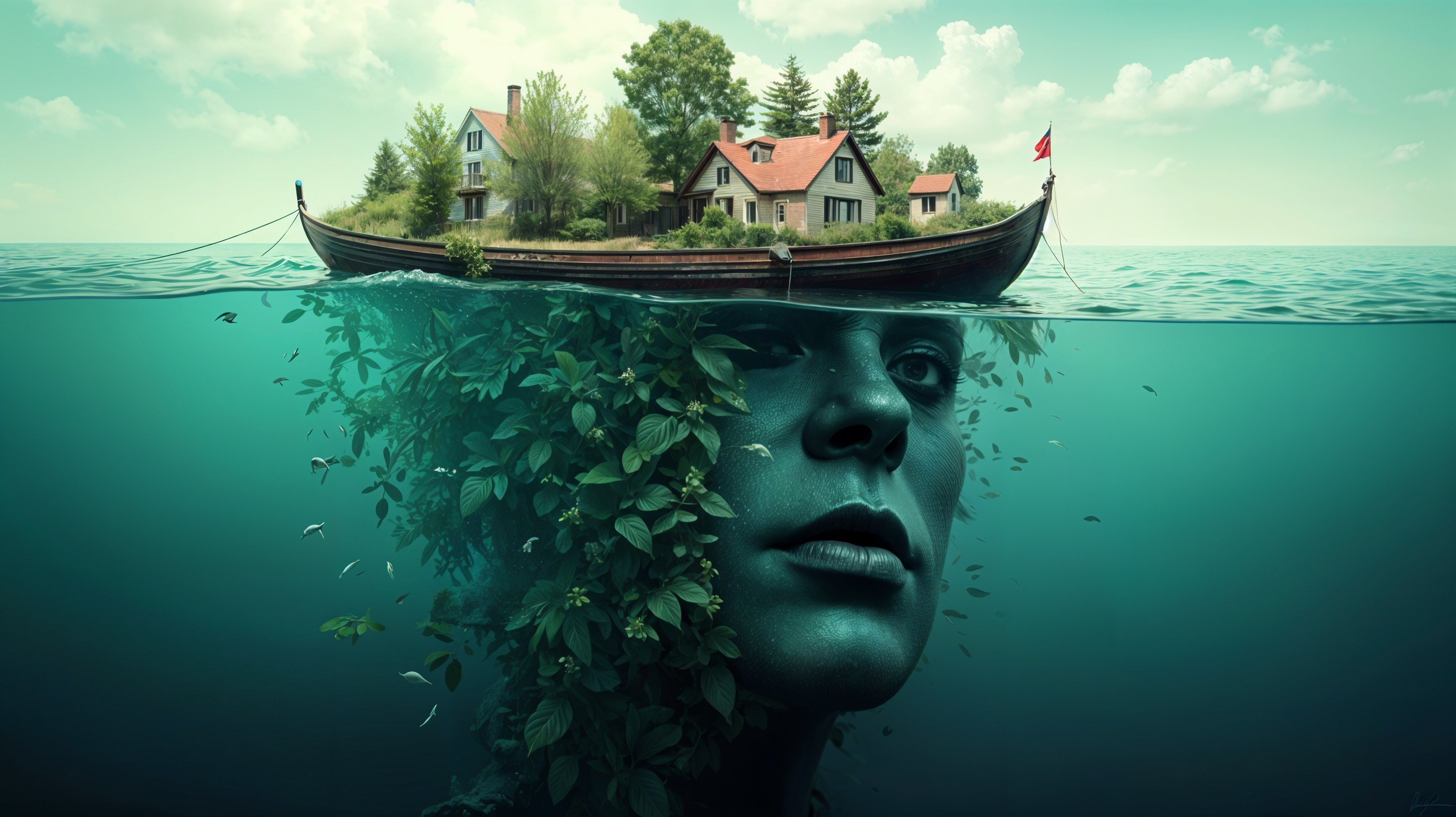 Boat on Calm Waters with Island and Nature Face
