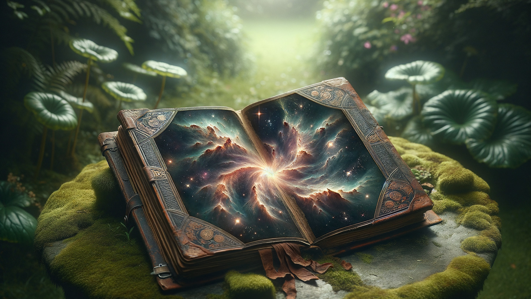Ancient Book with Cosmic Scenes in Lush Garden