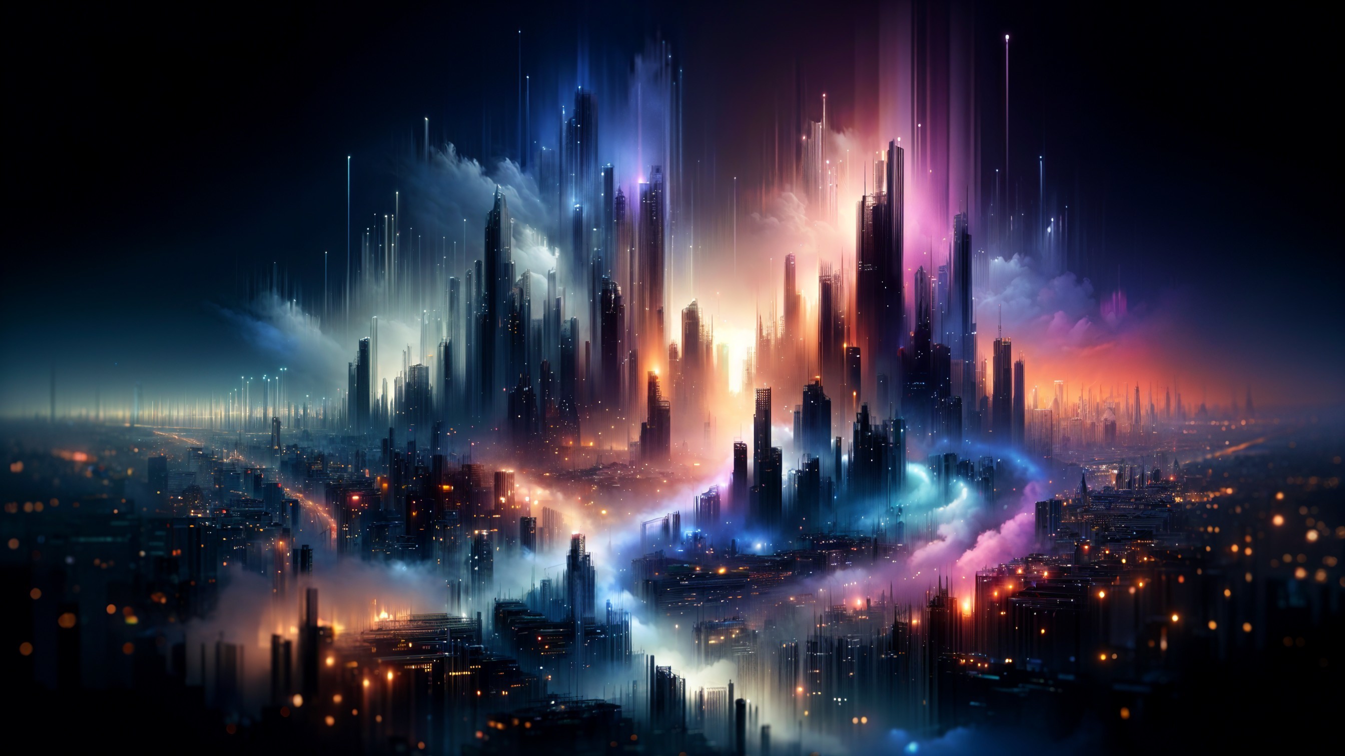 Futuristic cityscape with neon colors and skyscrapers