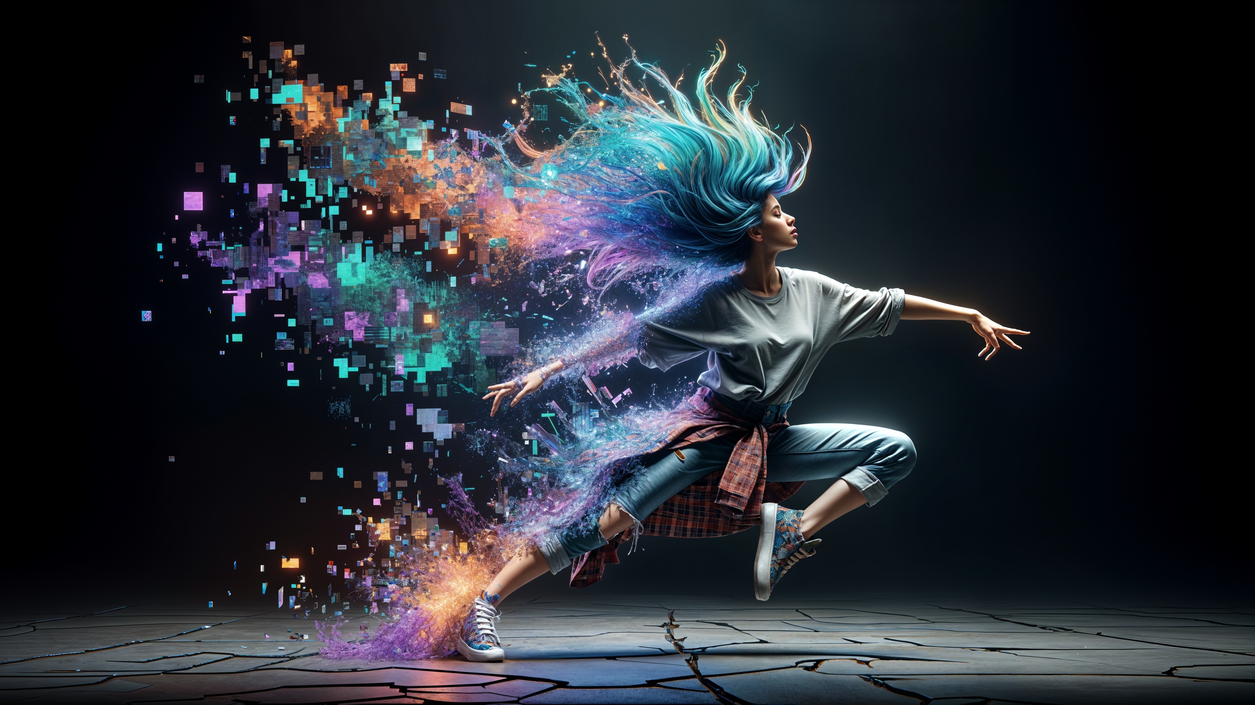Dynamic dancer with vibrant hair on cracked floor