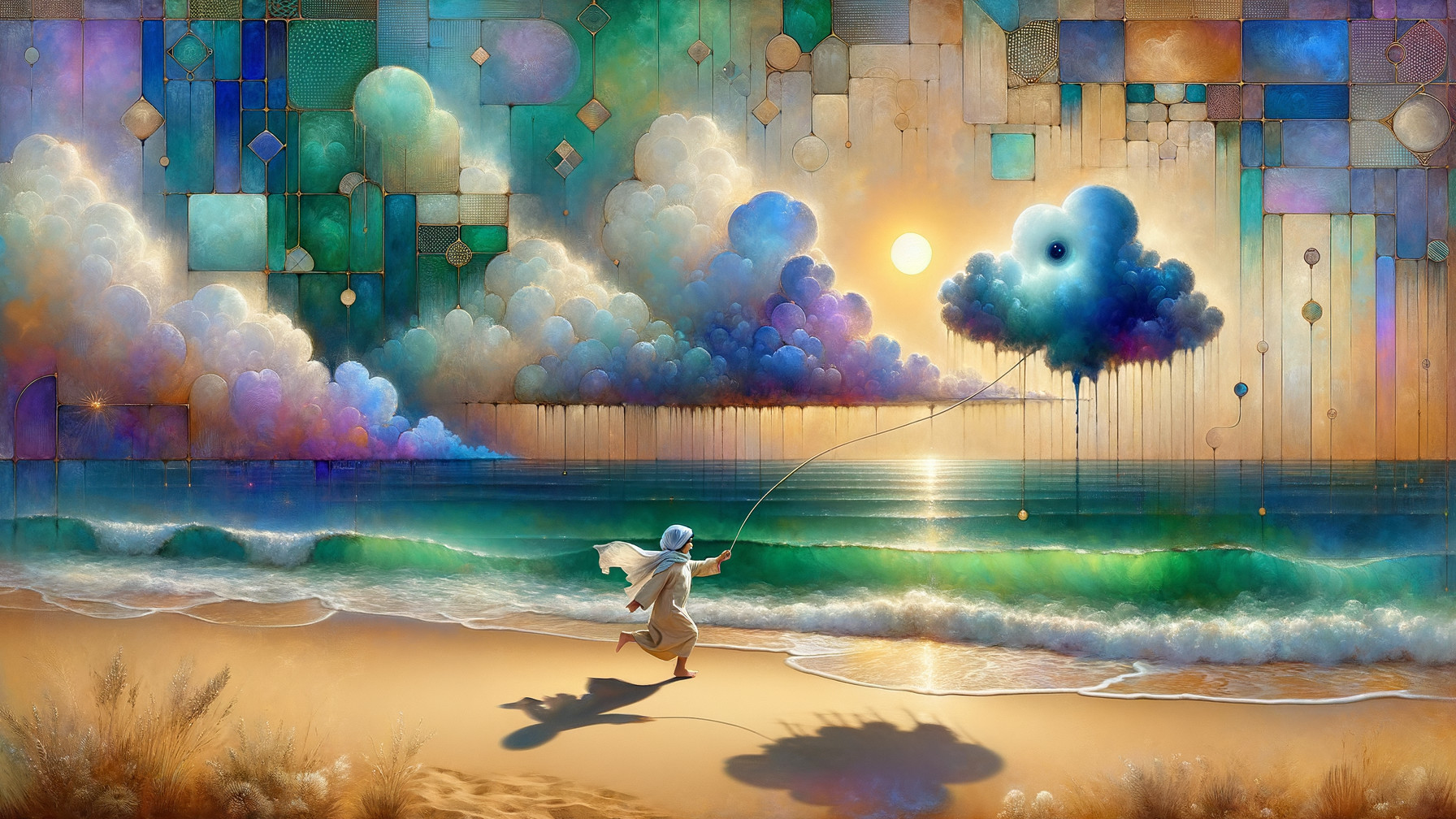 Child on Beach at Sunset with Colorful Sky and Clouds