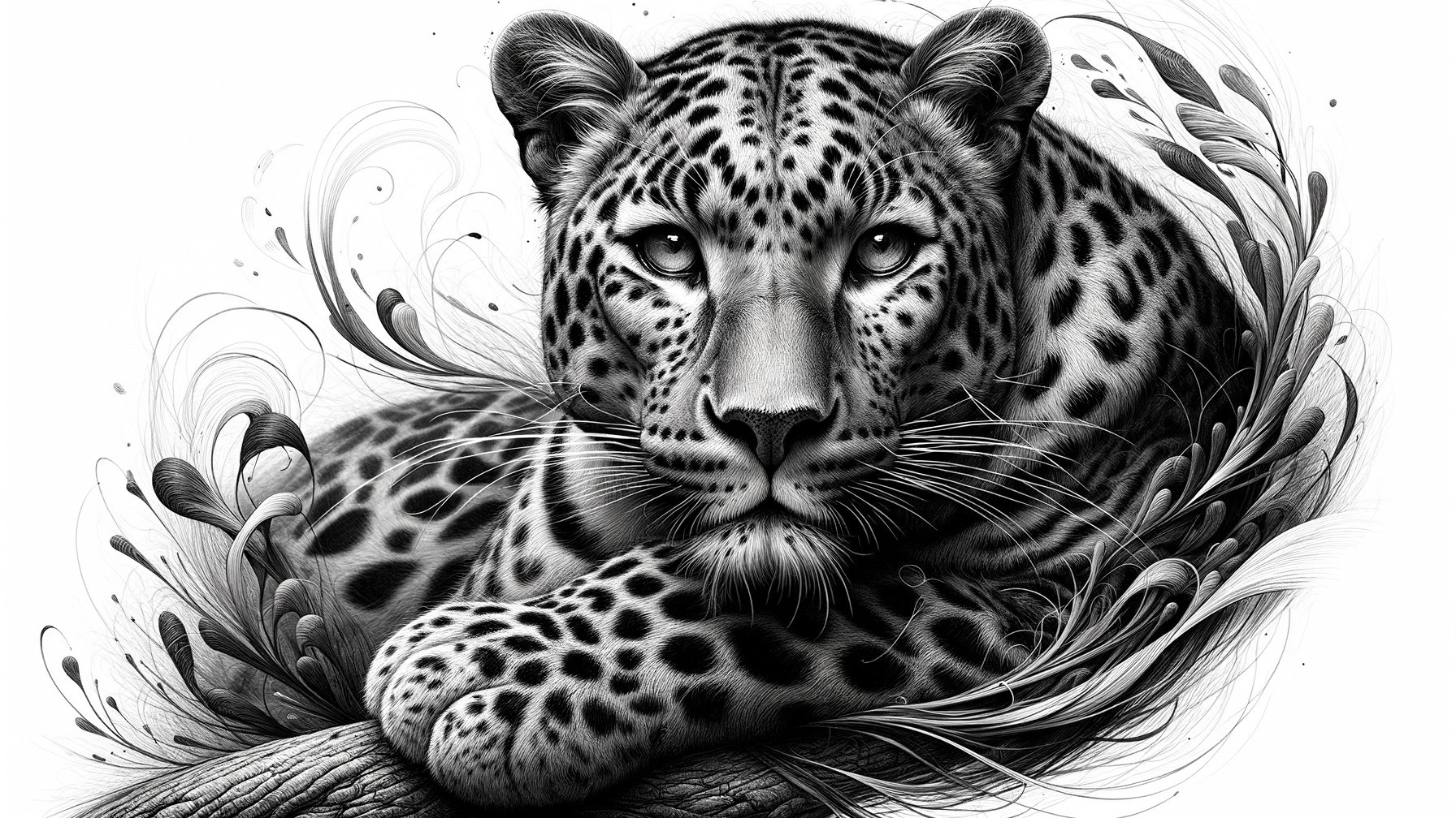 Black and White Illustration of a Resting Leopard