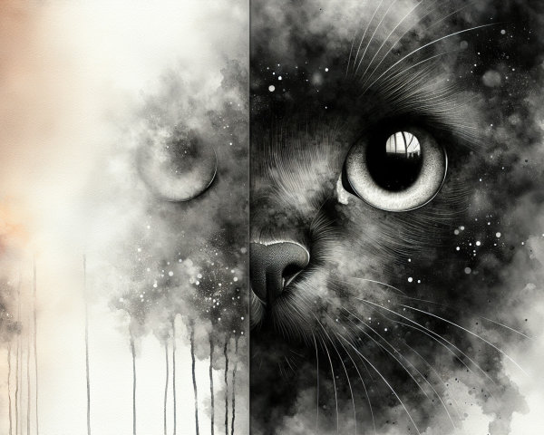 Abstract Watercolor and Realistic Cat Face Artwork