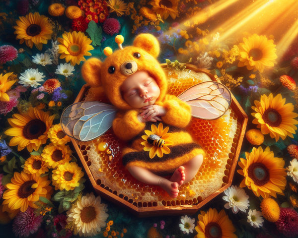 Peaceful Baby in Bumblebee Costume Surrounded by Flowers