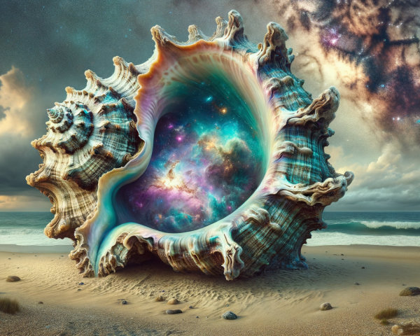 Gigantic Seashell with Cosmic Interior on Serene Beach