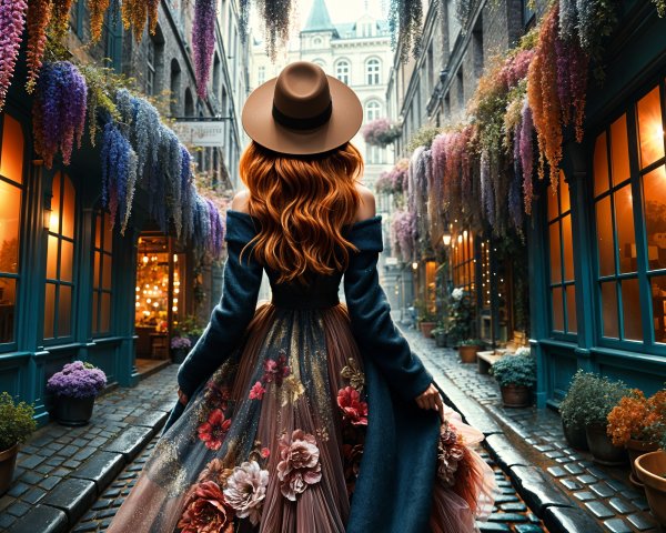 Red-headed woman in ornate skirt on cobblestone street