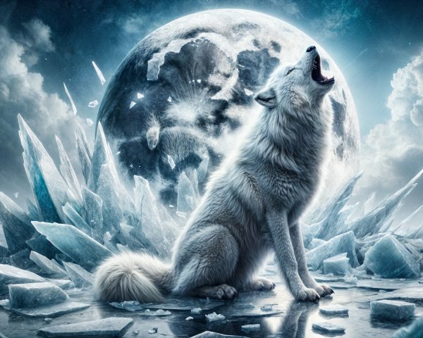 White Wolf Howling at Moon on Ice Formation