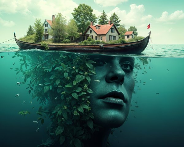 Boat on Calm Waters with Island and Nature Face