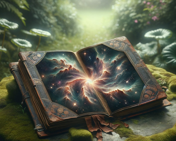 Ancient Book with Cosmic Scenes in Lush Garden