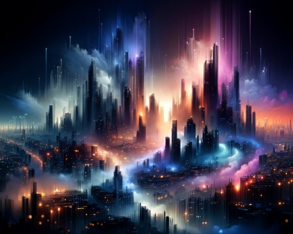 Futuristic cityscape with neon colors and skyscrapers