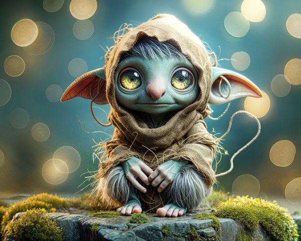 Cute Baby Green Alien on Stone with Soft Lighting