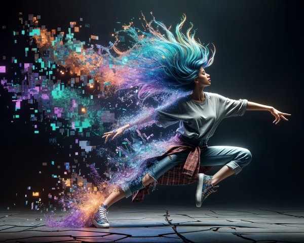 Dynamic dancer with vibrant hair on cracked floor