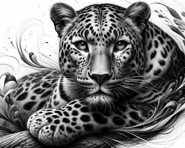 Black and White Illustration of a Resting Leopard