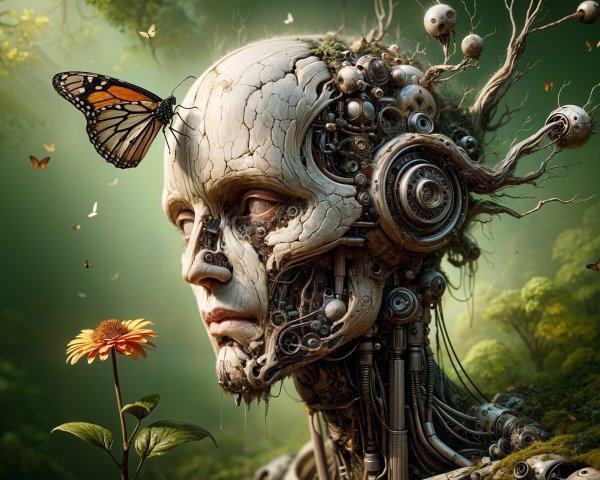 Surreal Figure Blending Nature and Technology in Forest