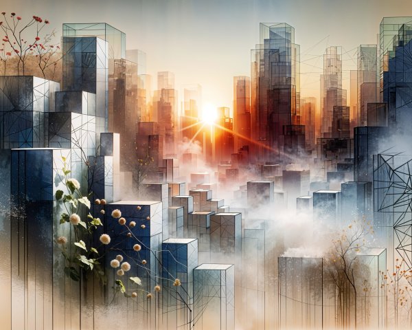 Futuristic cityscape at sunrise with mist and nature