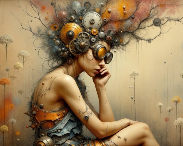 Surreal Steampunk Portrait of a Contemplative Woman