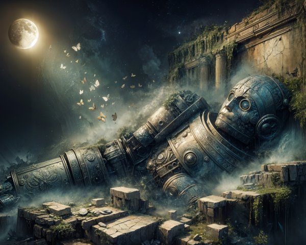 Ancient Metallic Statue Among Ruins and Butterflies