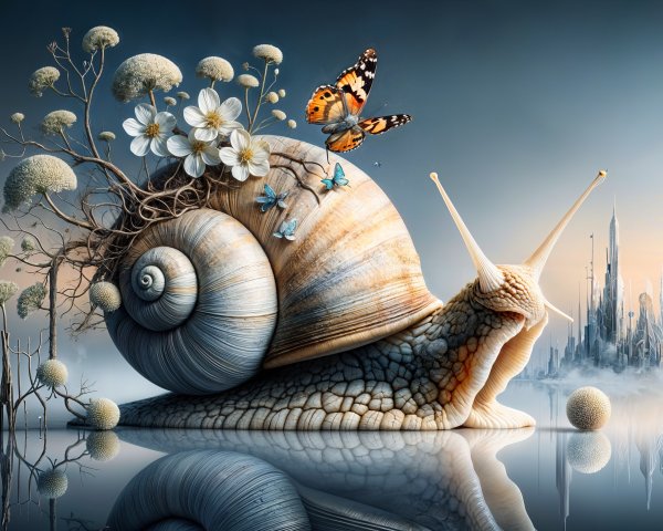 Majestic Snail with Textured Shell in Dreamy Landscape