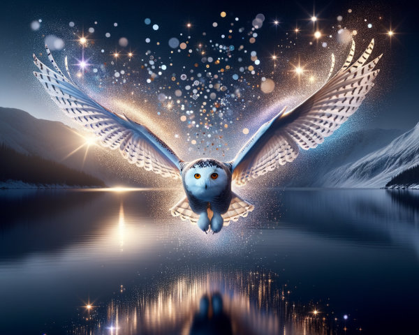 Owl Soaring Over Tranquil Lake at Dusk