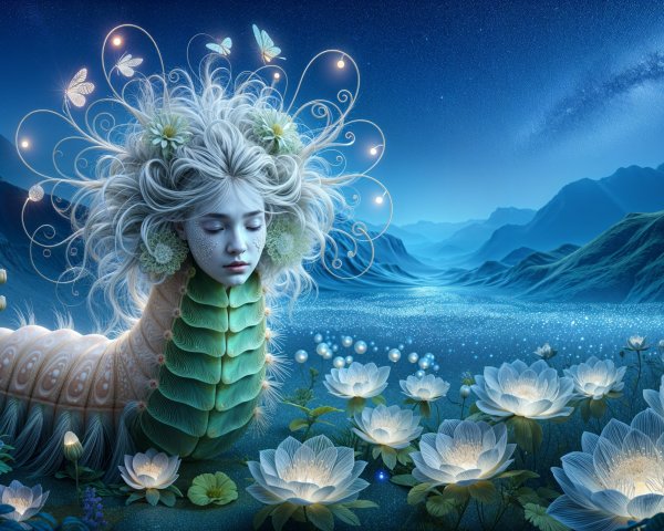 Giant Caterpillar and Dreamlike Landscape with Lotus Flowers