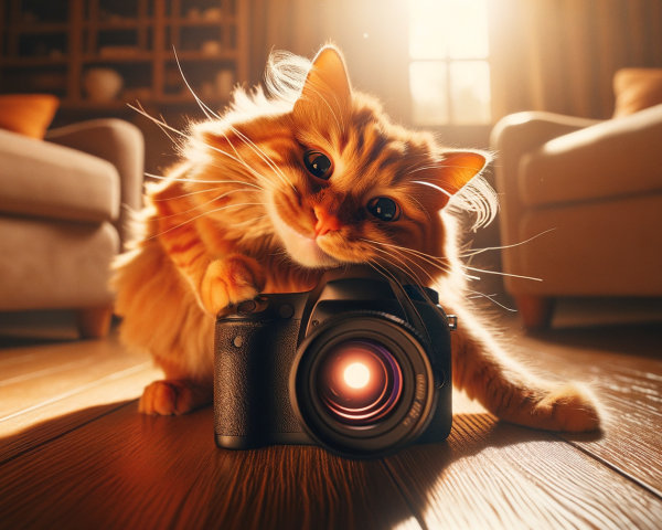 Playful Orange Tabby Cat with DSLR Camera in Cozy Room