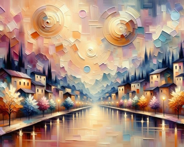 Abstract Landscape with Serene River and Colorful Sky