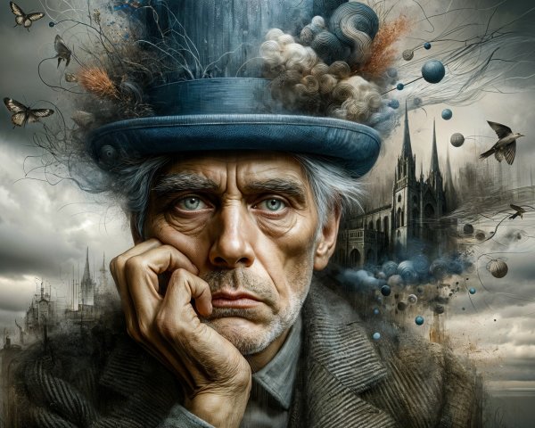 Surreal Portrait of a Thoughtful Man in a Top Hat