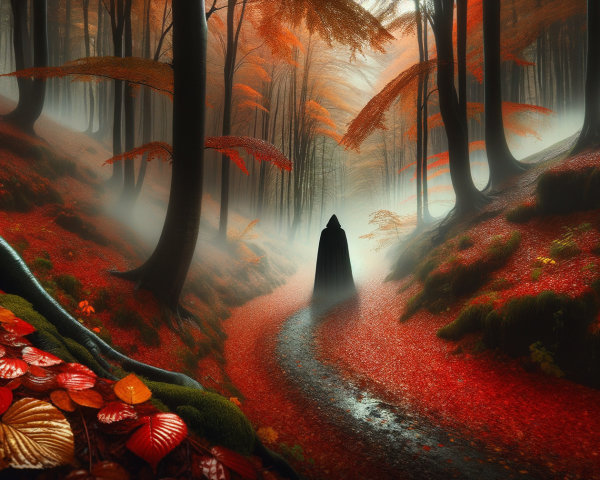 Mysterious Figure in Autumn Forest Landscape