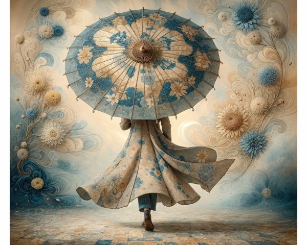 Floral Coat and Blue Parasol in Dreamlike Setting