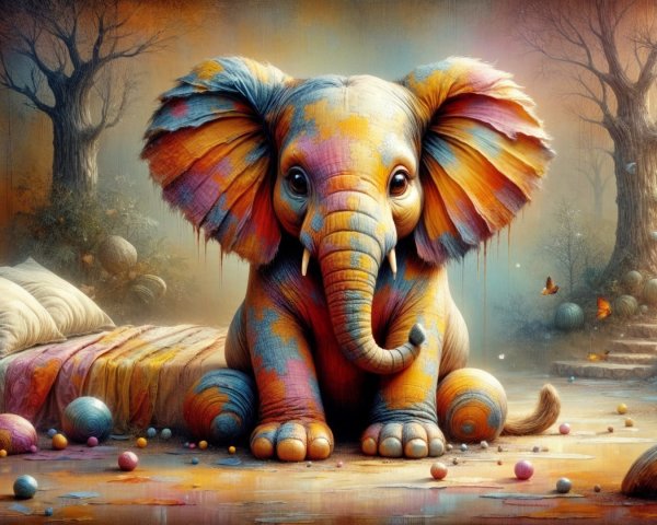 Whimsical Elephant on Colorful Patchwork Bed in Forest