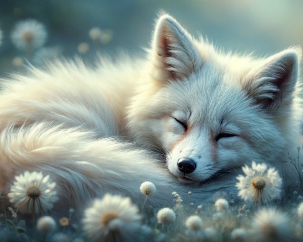 Fluffy White Fox in a Dandelion Field Scene
