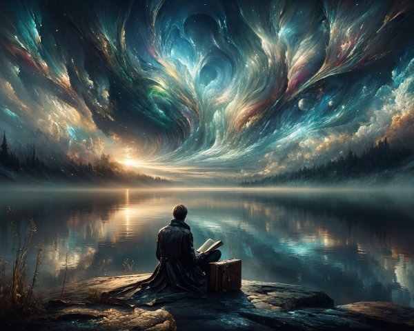 Figure Reading by a Lake Under Cosmic Skies