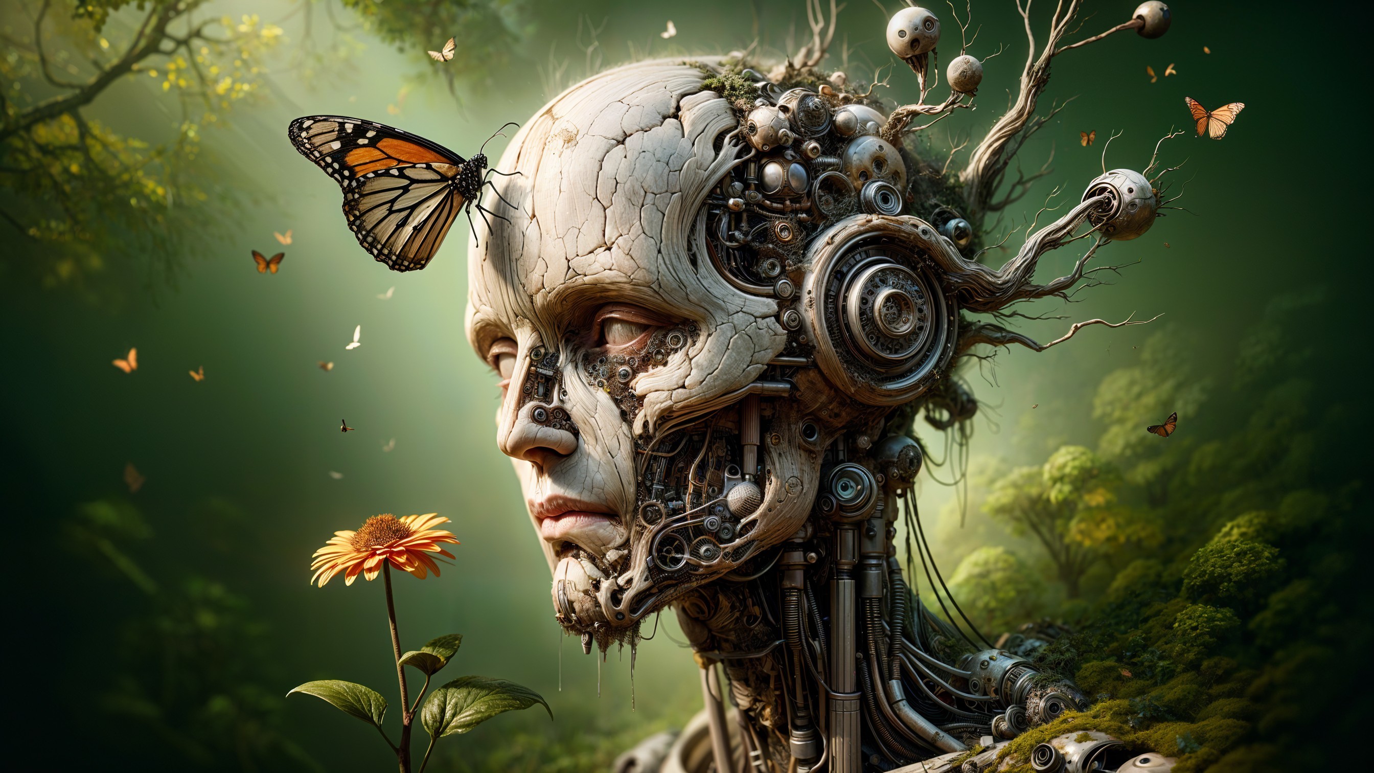 Surreal Figure Blending Nature and Technology in Forest