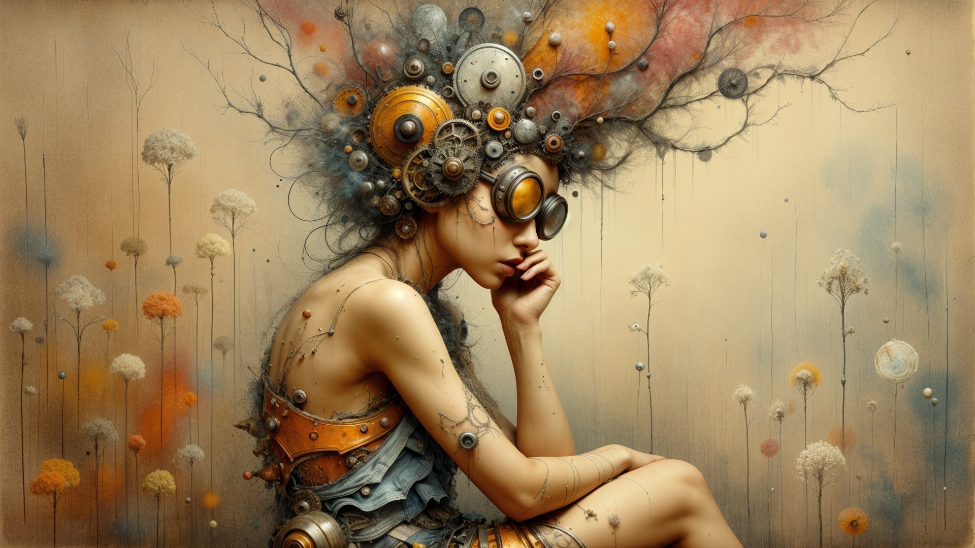Surreal Steampunk Portrait of a Contemplative Woman