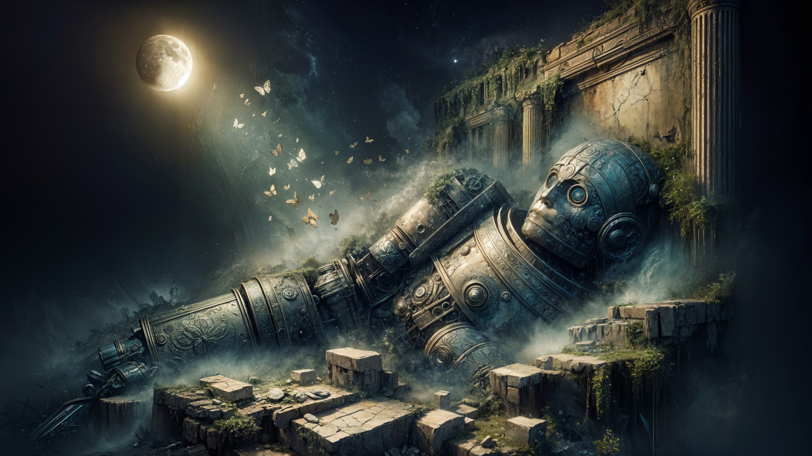 Ancient Metallic Statue Among Ruins and Butterflies