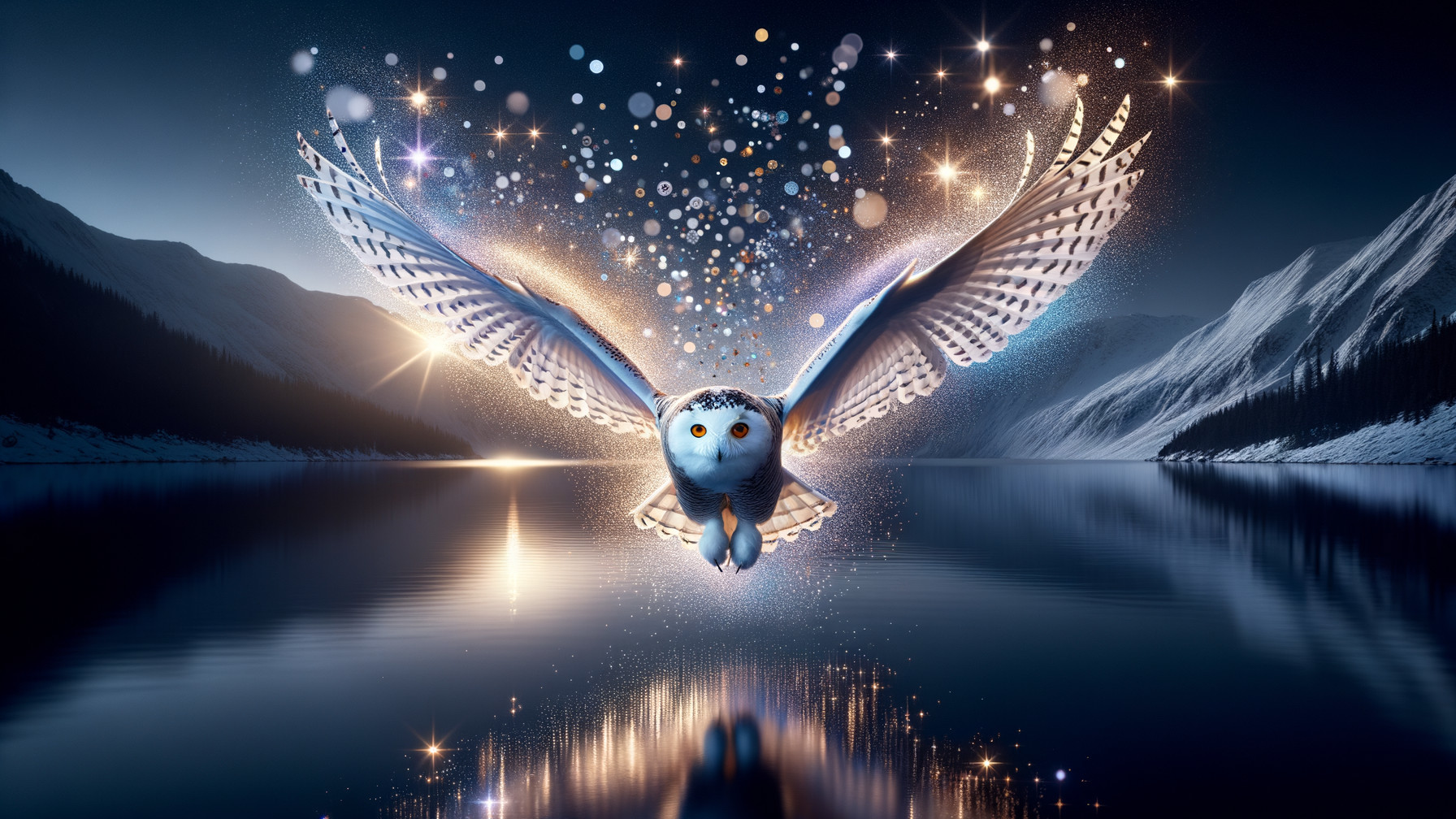 Owl Soaring Over Tranquil Lake at Dusk