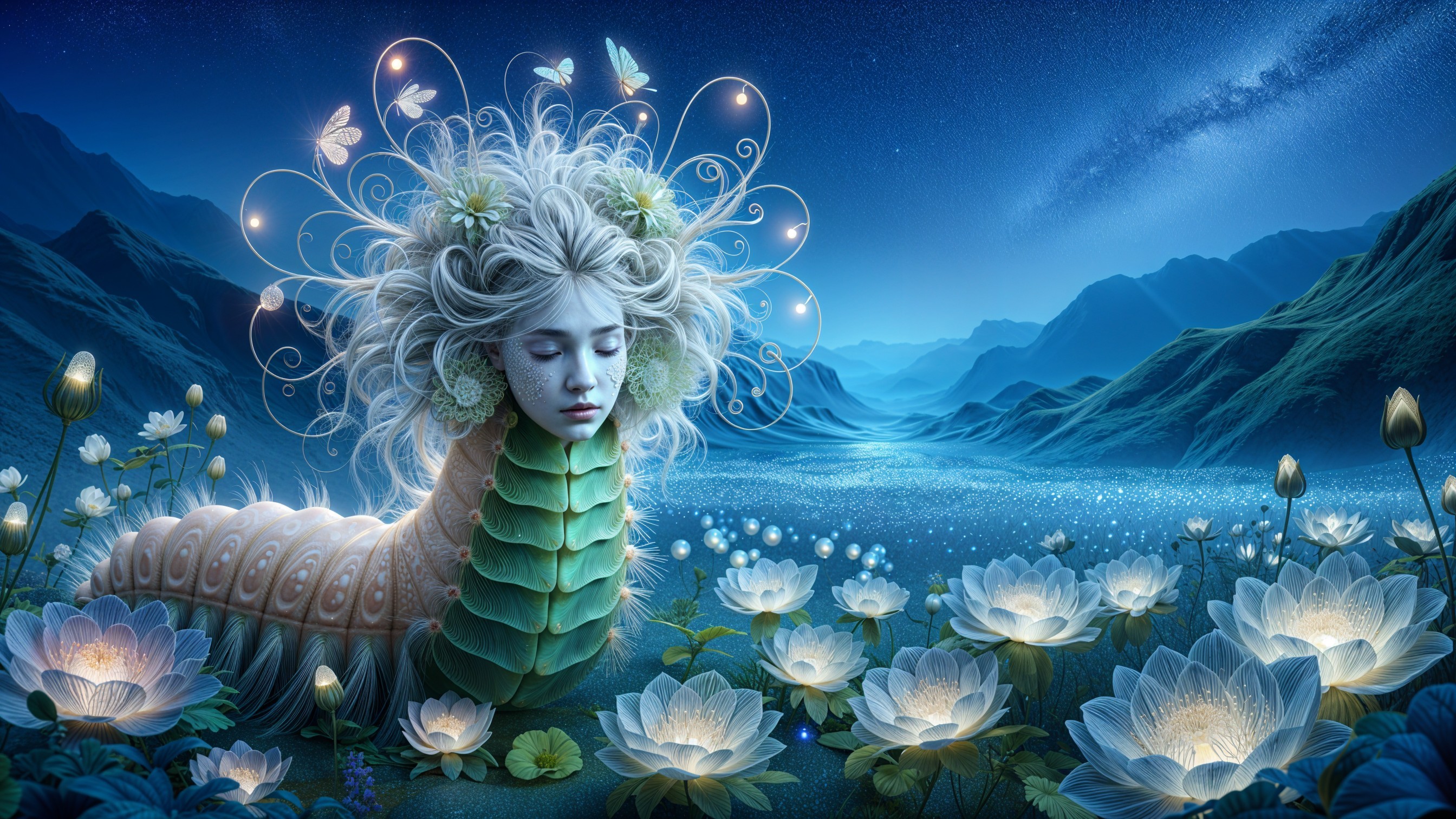 Giant Caterpillar and Dreamlike Landscape with Lotus Flowers