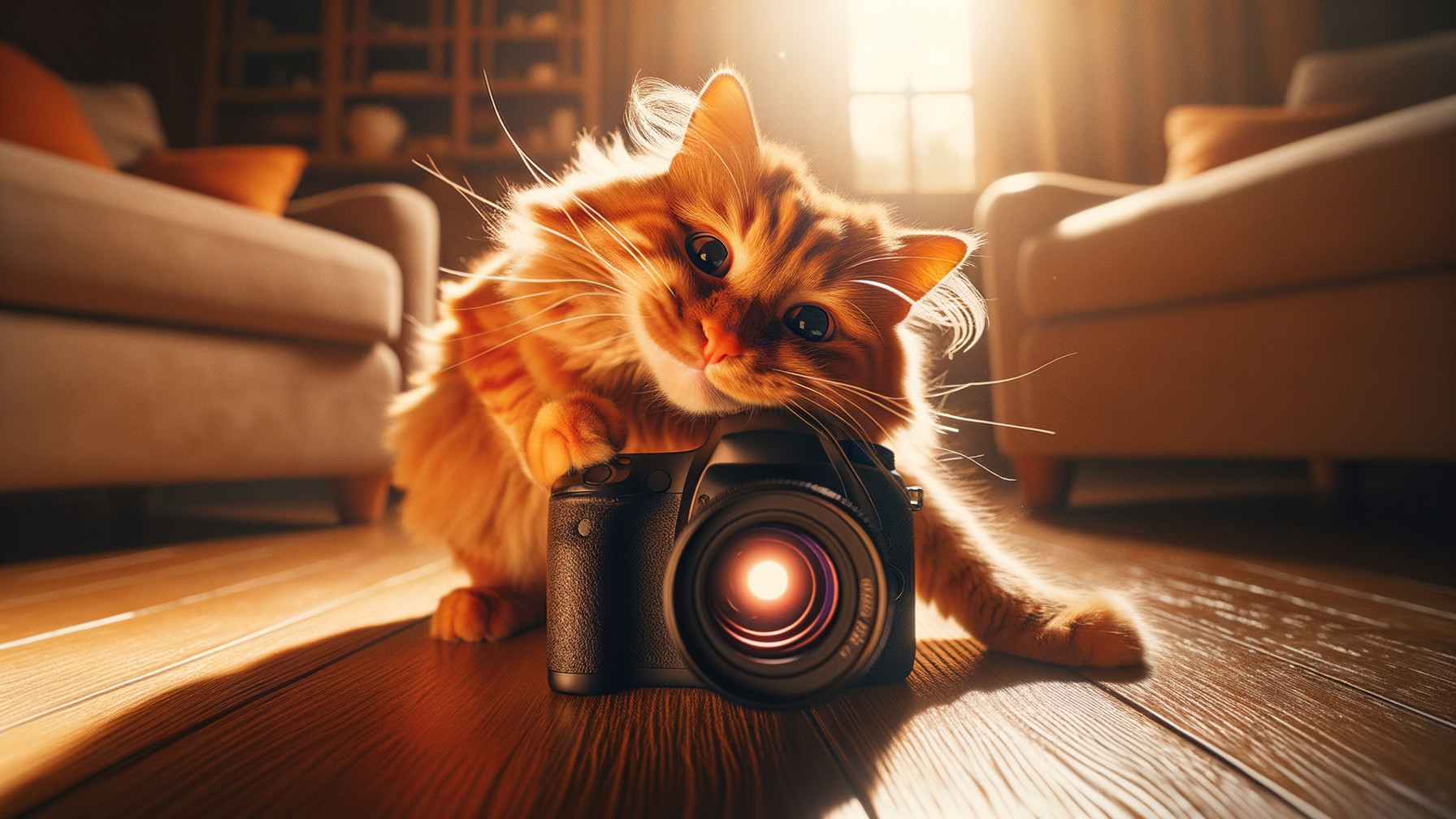 Playful Orange Tabby Cat with DSLR Camera in Cozy Room
