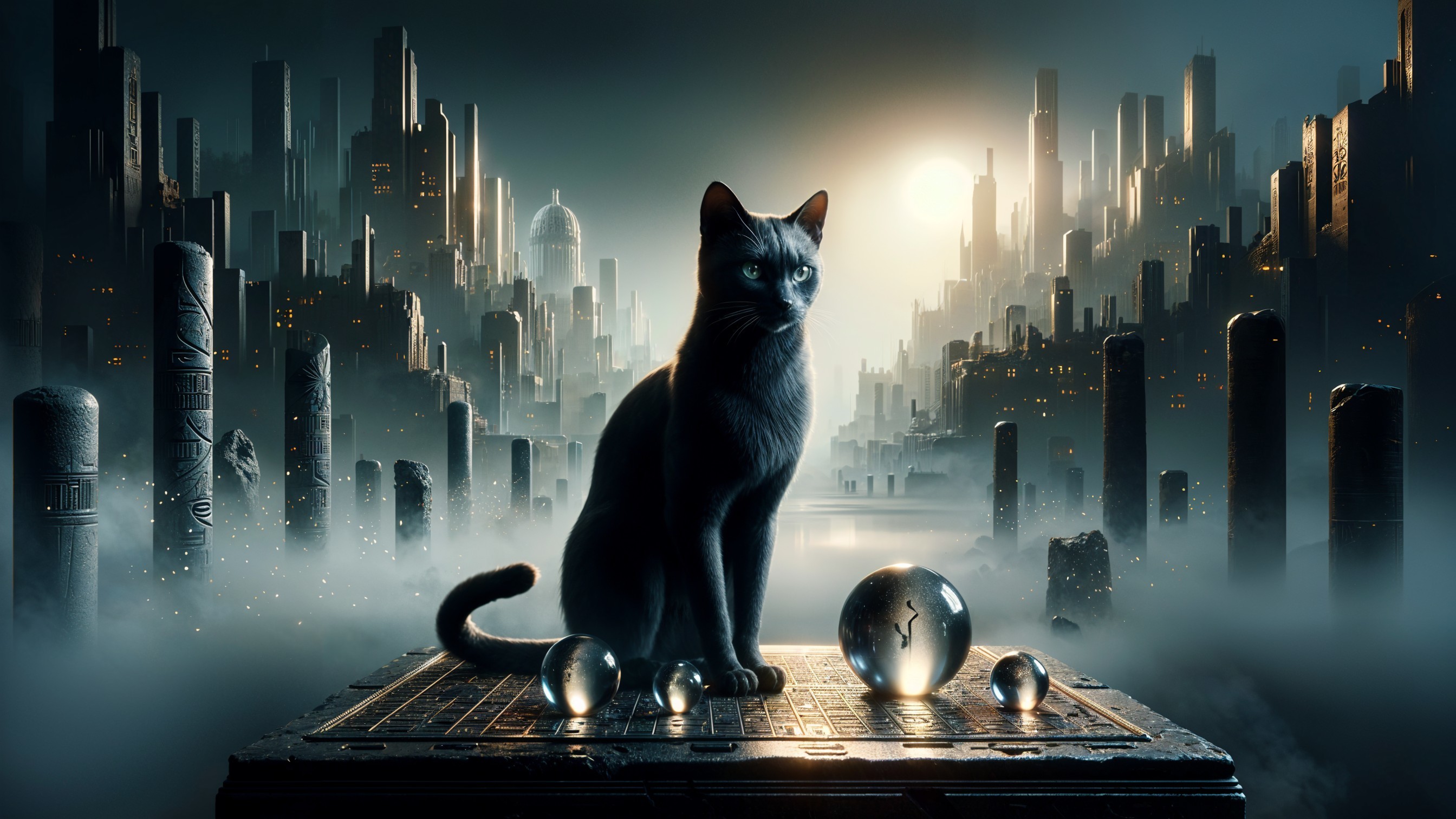 Surreal Landscape with Black Cat and Futuristic City