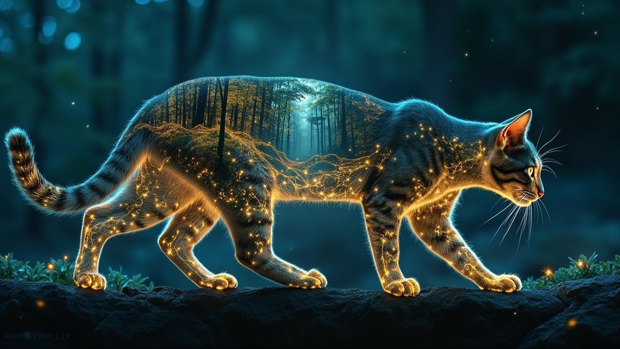 Mystical Cat with Enchanting Forest Landscape Inside