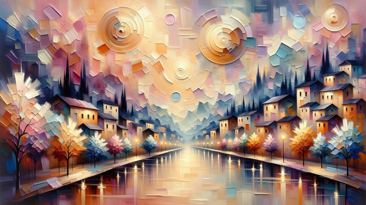 Abstract Landscape with Serene River and Colorful Sky