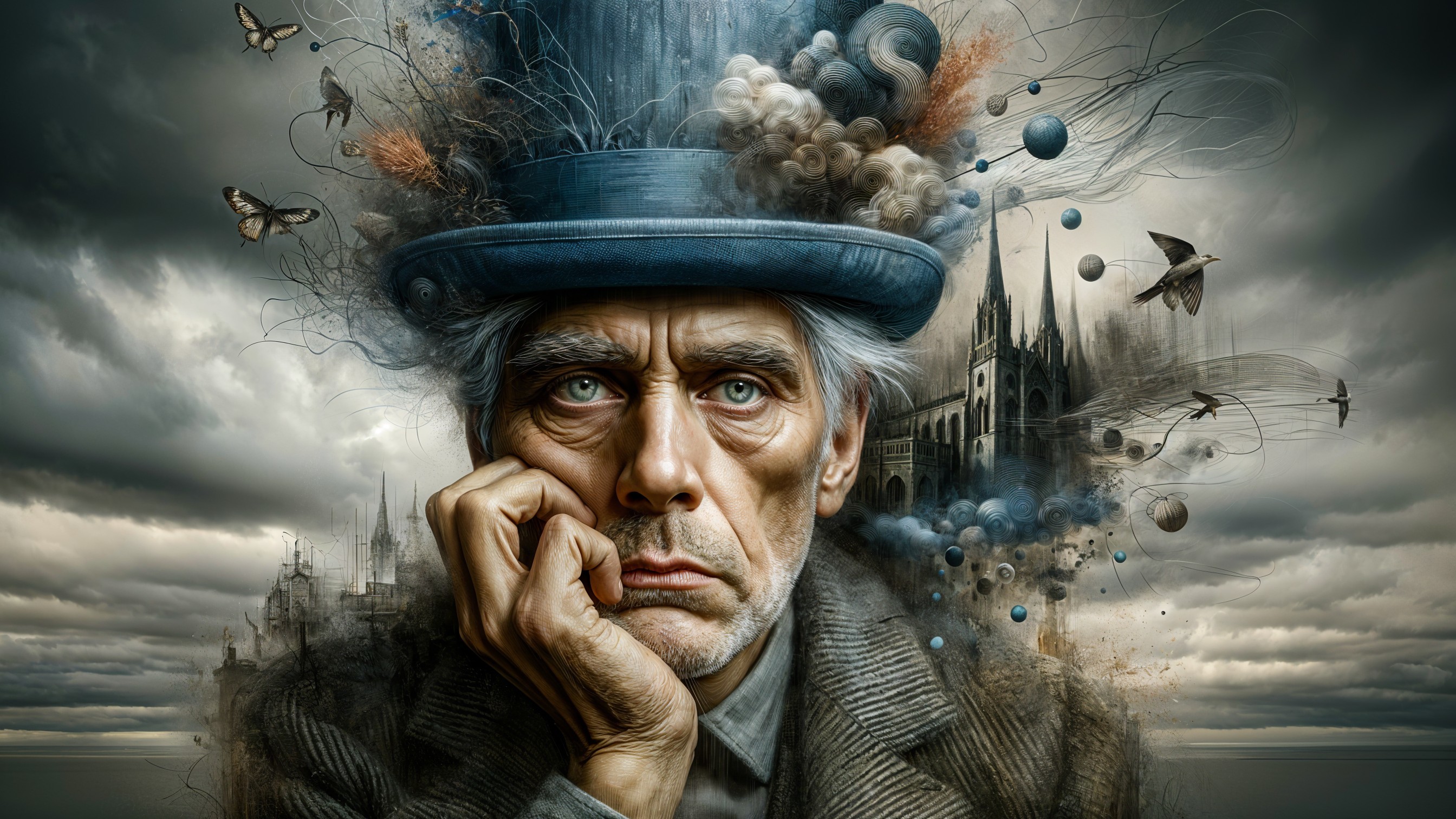 Surreal Portrait of a Thoughtful Man in a Top Hat
