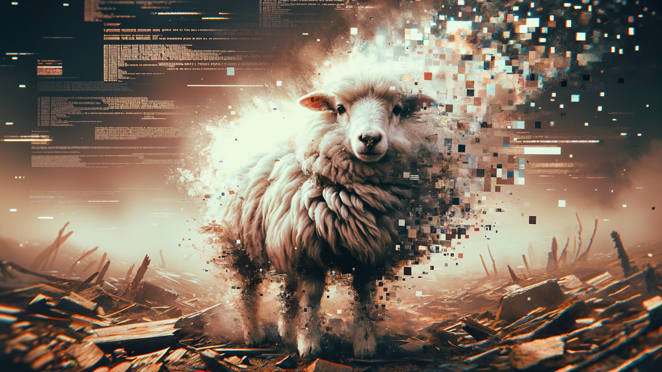 Surreal Sheep in Chaotic Digital Landscape of Debris