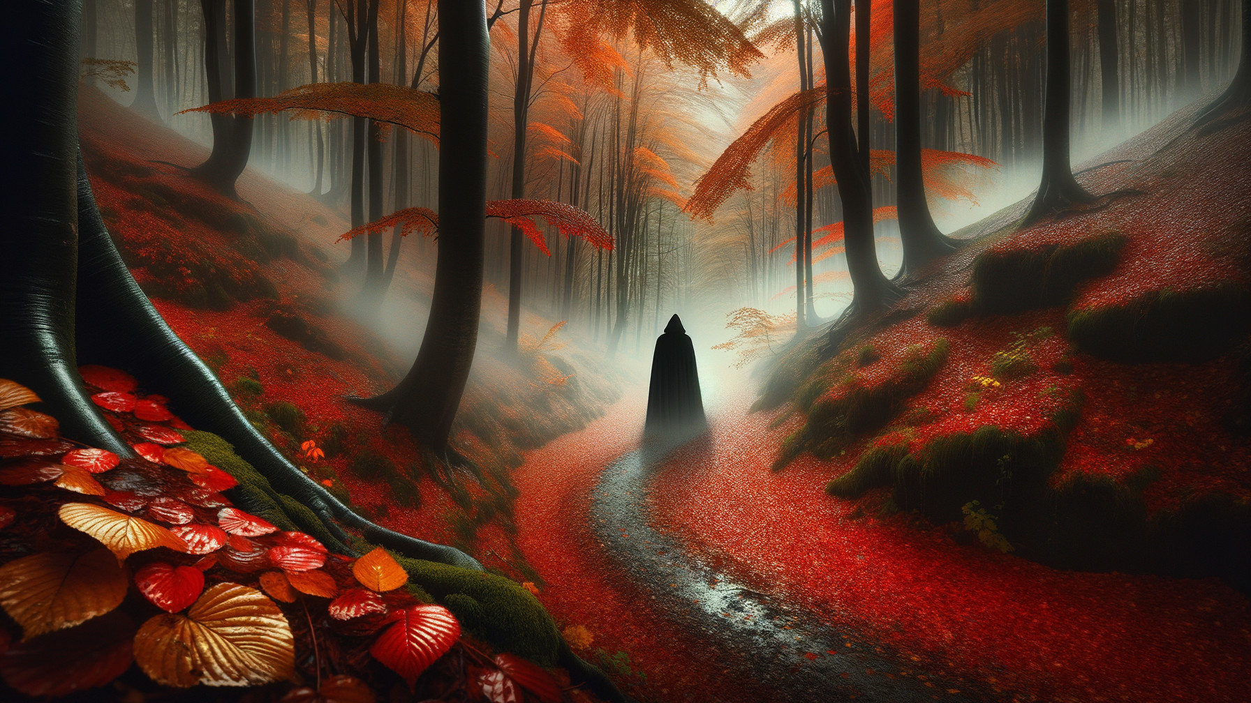 Mysterious Figure in Autumn Forest Landscape