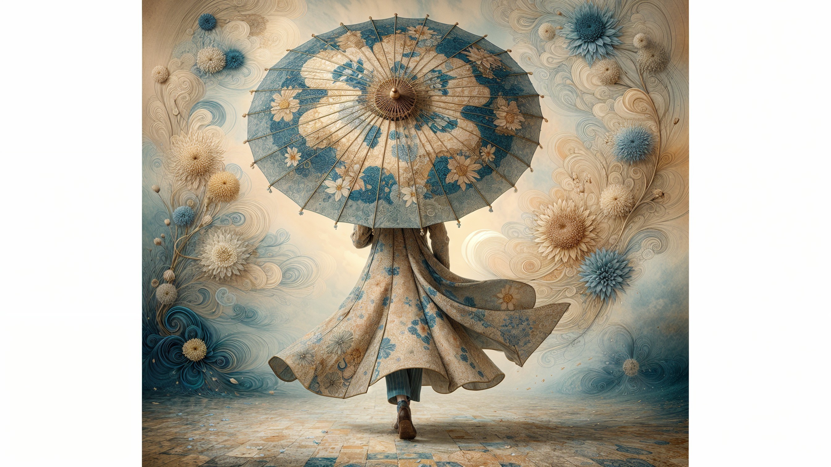 Floral Coat and Blue Parasol in Dreamlike Setting