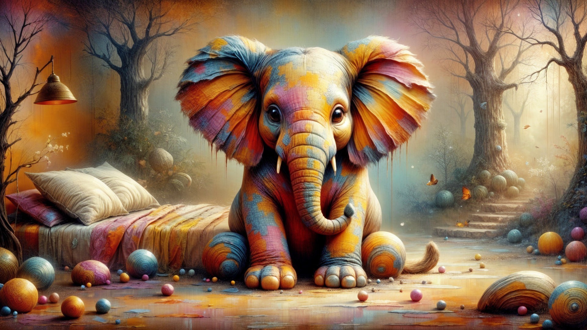 Whimsical Elephant on Colorful Patchwork Bed in Forest