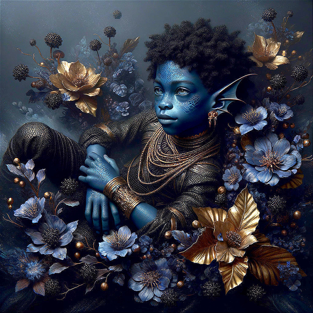 Blue-skinned elf-eared child with facial patterns surrounded by gold-trimmed blue flowers and leaves