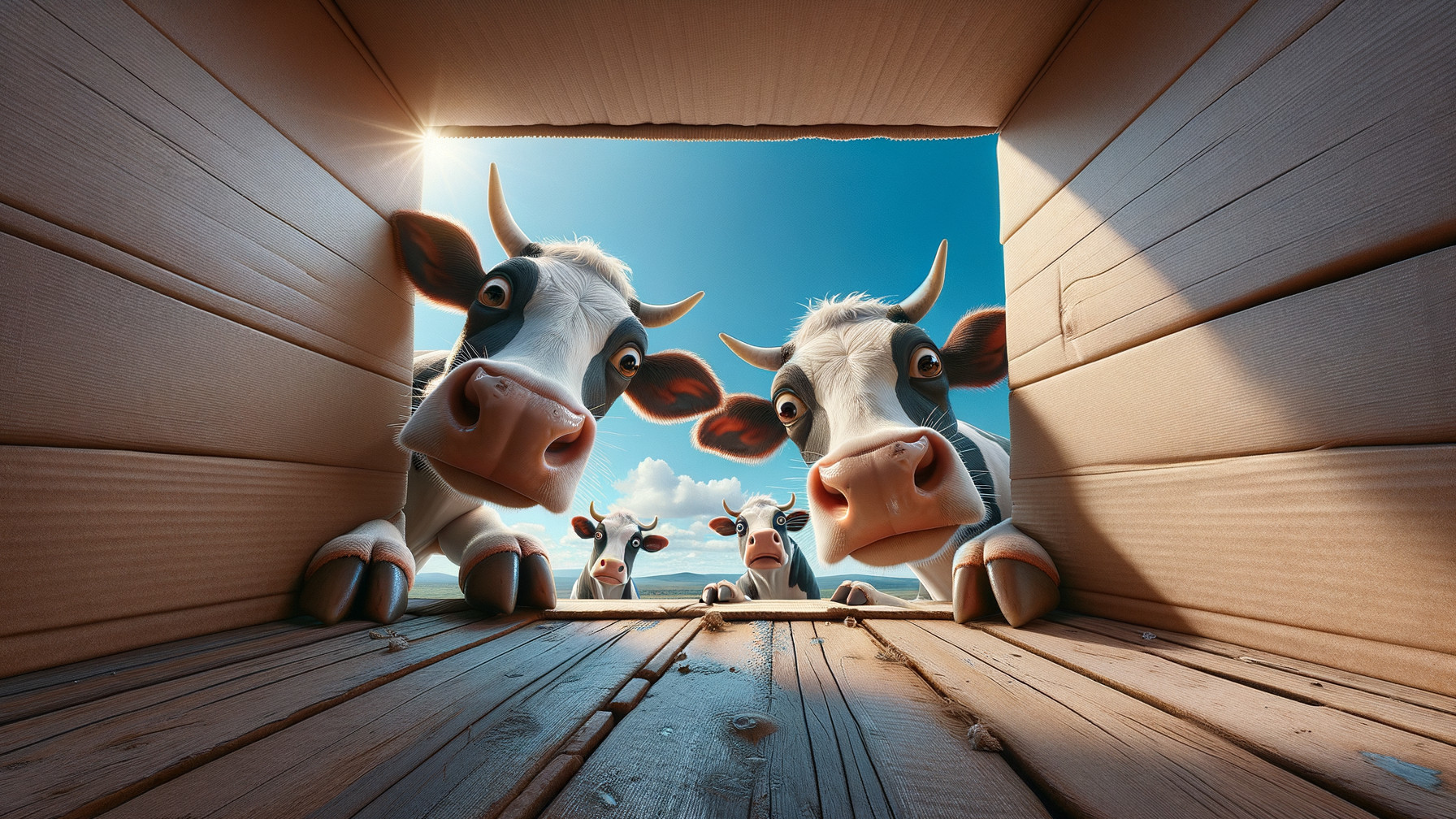 Cartoon Cows Curiously Inspecting a Cardboard Box