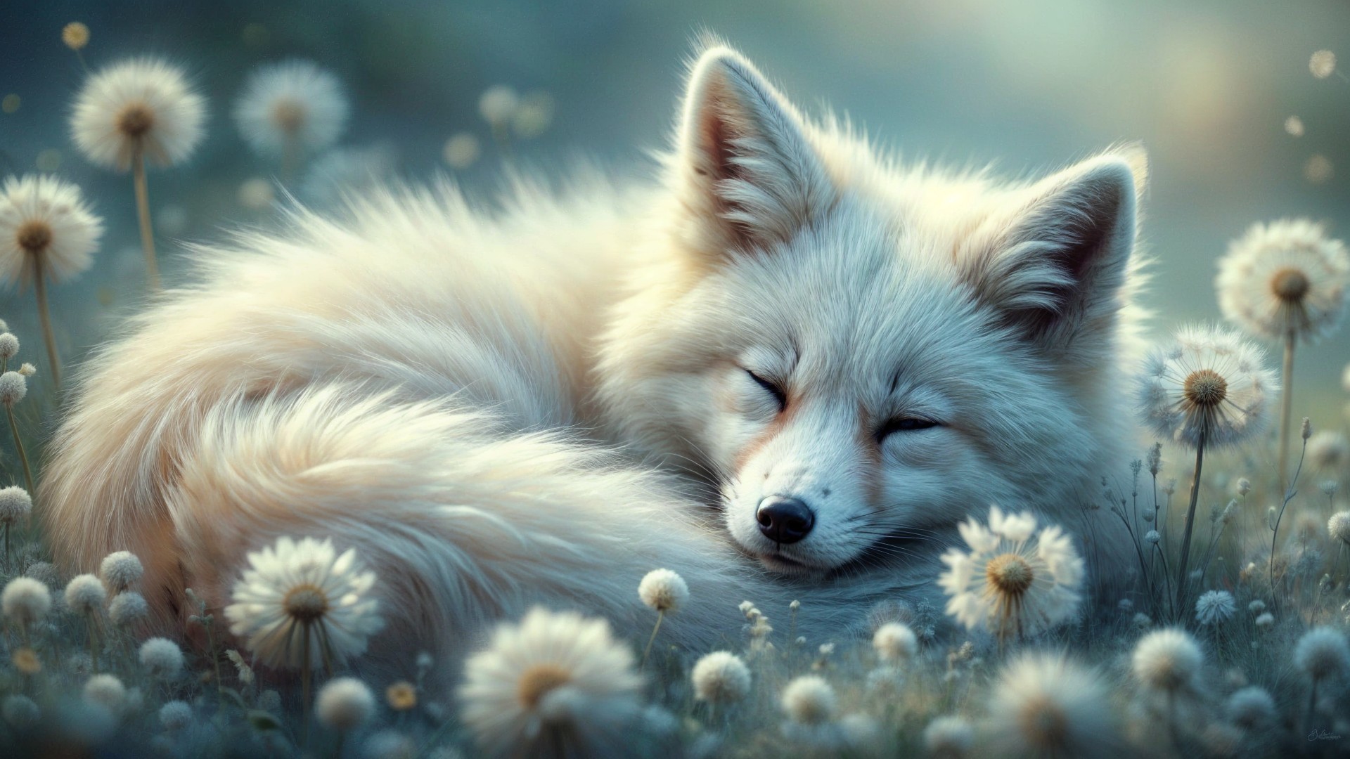 Fluffy White Fox in a Dandelion Field Scene